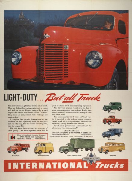 Advertising poster for International light-duty trucks. Features color illustrations of a dump truck, multi-stop delivery truck, tractor and semi-trailer, school bus, panel stake truck, pickup truck, and panel body truck.