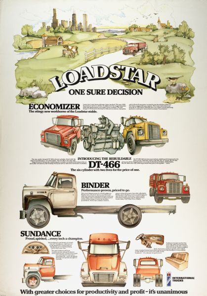 Advertising poster for International Loadstar trucks featuring color illustrations including the "economizer," "binder," "sundance" and the DT-466 engine.