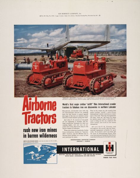 Advertising poster for International crawler tractors (TracTracTors) with a color photograph showing men loading TD-14A crawler tractors on a Fairchild C-119 "Flying Boxcar" airplane. The advertisement was produced by Leo Burnett Company and was printed in the Saturday Evening Post on November 24, 1951.