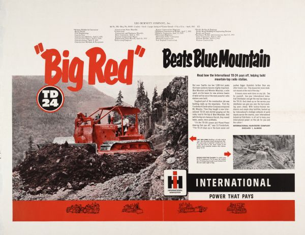 Advertising poster for International TD-24 crawler tractors (TracTracTors). Includes the text: "big red," and "beats Blue Mountain" and a two-color illustration of a tractor. Produced by Leo Burnett Company and printed in U.S. magazines.