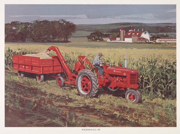 Color illustration of a man driving a Farmall M pulling a corn picker. Farm buildings are in the background. The print was part of a series of nostalgic images created for International Harvester by Chicago commercial artist Tom Hoyne. Hoyne also created illustrations for several International Harvester calendars in the late 1960's and early 1970's.