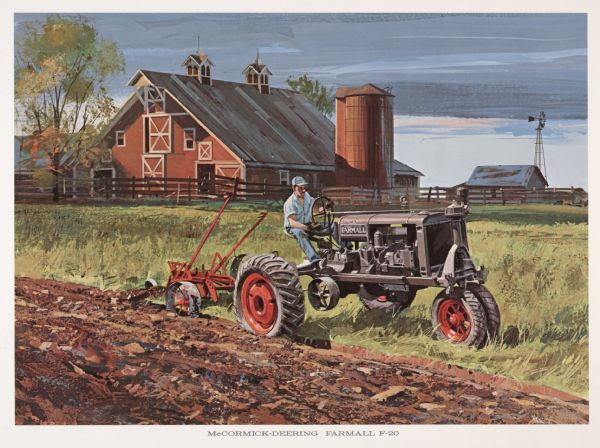 Color illustration of a farmer pulling a plow with an F-20 tractor in front of a large barn. The print was part of a series of nostalgiac images created for International Harvester by Chicago commercial artist Tom Hoyne. Hoyne also created illustrations for several International Harvester calendars in the late 1960's and early 1970's.