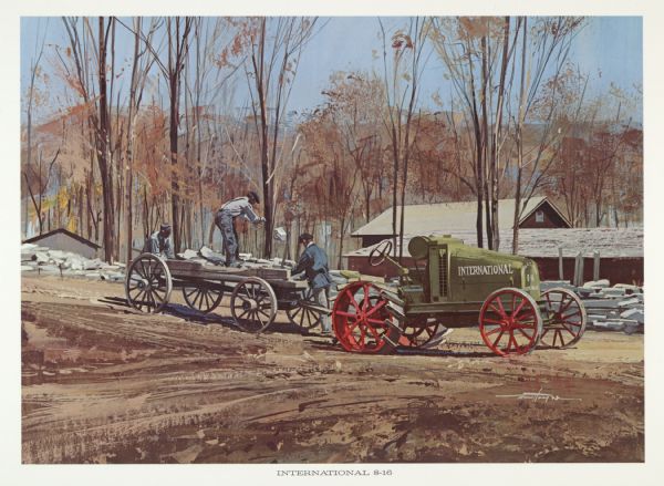 Color illustration of an International 8-16 tractor pulling a wagon full of stones for men building a stone fence. The print was part of a series of nostalgiac images created for International Harvester by Chicago commercial artist Tom Hoyne. Hoyne also created illustrations for several International Harvester calendars in the late 1960's and early 1970's.