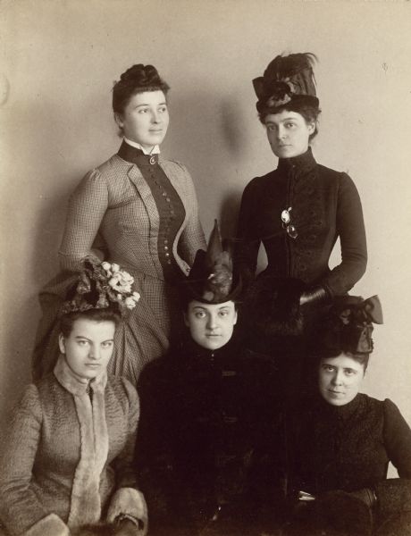 Group portrait of Anita McCormick Blaine (sitting center), and four female friends: unknown (standing left), Susie Day (standing right), Katharine Isham (sitting left), and Lucy McCormick (sitting right).