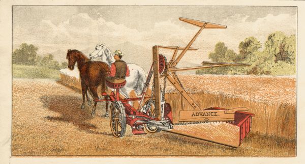 Color illustration of a farmer operating a horse-drawn McCormick Advance reaper. The illustration is from a four-panel advertising folder for the C.H. and L.J. McCormick Company (later known as the McCormick Harvesting Machine Company).
