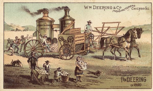 Advertising card for William Deering and Company, manufacturers of agricultural equipment. Features a color illustration of men, women, and children in a field near a steam powered "Little Giant" separator and a horse-drawn grain binder.