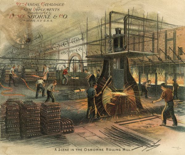 Cover of an advertising catalog for D.M. Osborne and Company showing a "scene in the Osborne rolling mill." The Osborne company manufactured agricultural machinery and was eventually purchased by the International Harvester Company.