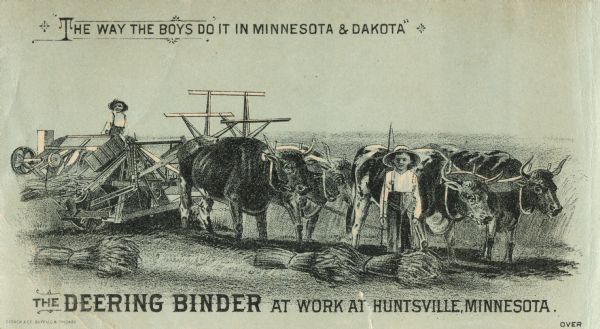 Advertising card for Deering harvesting machinery showing young boys operating a grain binder drawn by oxen. The caption reads "the Deering binder at work in Huntsville, Minnesota." Printed by Cosack and Company, Buffalo and Chicago.