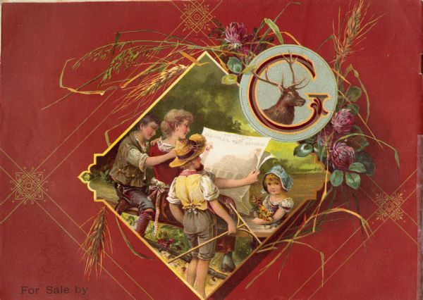 Back cover illustration for a William Deering and Company catalog showing a woman and three children examining a paper with the title: "The Deering All-Steel Binder" [grain binder]. Also includes the Deering "logo" comprised of a stag within the letter "G."
