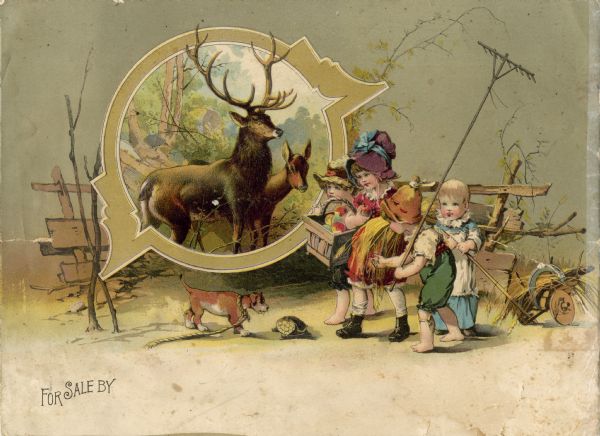 Back cover of an advertising catalog for grass cutting machinery manufactured by William Deering and Company. Features an illustration of small children and a dog playing with a turtle and an inset illustration of deer.