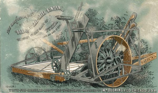 Trade card for William Deering and Company showing "The harvester part" of the Deering "All-Steel" grain binder. The color illustration shows the parts made of steel in shiny silver ink, and those made of wood in brown ink. Printed by the Milwaukee Litho. and Engr. Co. of Chicago.