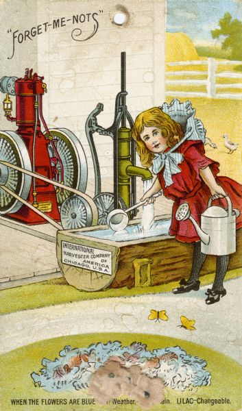 Advertising card for International Harvester stationary engines. Features a color illustration of a young girl fetching water from a trough. A pump powered by a stationary engine is filling the trough with water. The card also served as a "barometer": "when the flowers are blue - fair weather; pink - rain; lilac - changeable."
