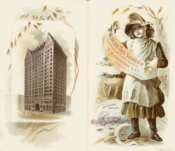 Front and back of an advertising folder produced by the D.M. Osborne Company, manufacturers of agricultural machinery. Features illustrations of a young girl with a reaping hook at her feet, the agricultural building at the 1893 World's Fair (Columbian Exposition), and the Masonic Temple in Chicago. Printed by Forbes Co. of Boston.