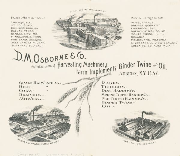 Inside spread of an advertising folder showing factory buildings of the D.M. Osborne Company. The top center illustration is the Office and Factory; bottom left is the Rolling Mill, Malleable Works, and on the bottom right is the Twine Factory. Osborne was a manufacturer of "harvesting machinery, farm implements, binder twine and oil." The trade card was distributed as a souvenir of the 1893 World's Fair (Columbian Exposition).