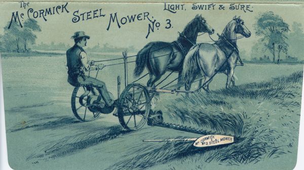 Illustration of a "McCormick Steel Mower No. 3" from an advertising folder. Printed by Gies and Company, Buffalo.