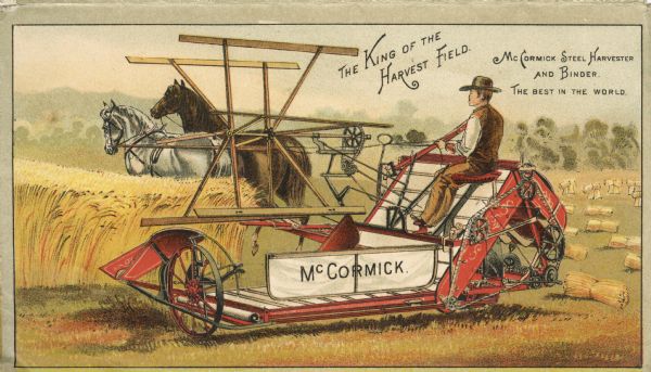Color illustration of a "McCormick Steel Harvester and Binder" from an advertising folder. Printed by Gies and Company, Buffalo.
