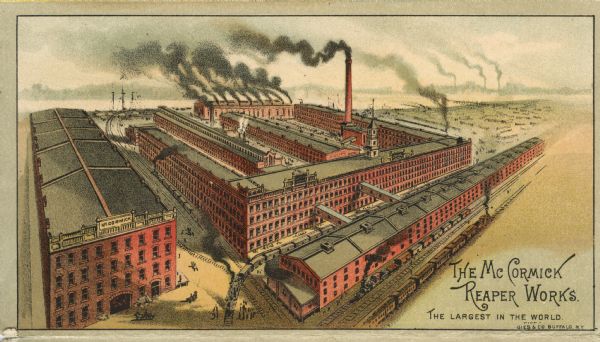 Illustration of the McCormick Reaper Works (factory) from an advertising folder. Printed by Gies and Company, Buffalo.