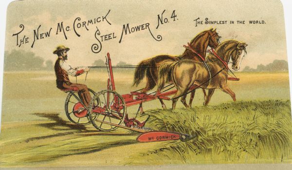 Color illustration of the horse-drawn "New McCormick Steel Mower No. 4" from an advertising folder. Printed by Gies and Company, Buffalo.