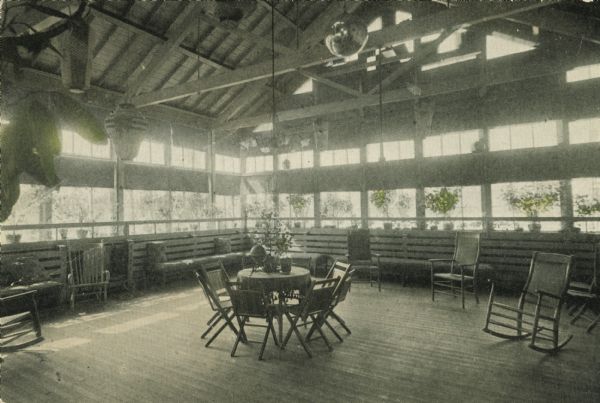 Colorized view of a sun parlor at the pavilion for tuberculosis cases at the Milwaukee Hospital for the Insane.