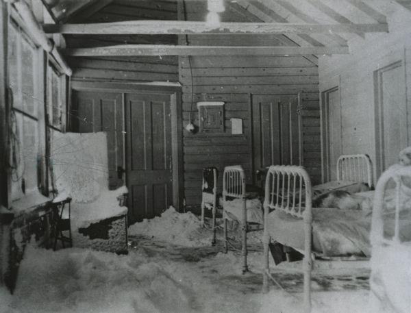 Snow-filled porch at the River Pines Tuberculosis Sanitorium.