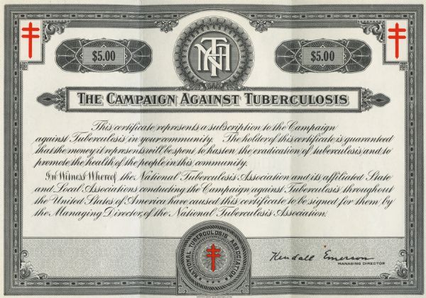 National Tuberculosis Association five dollar Christmas Seal bond certificate.