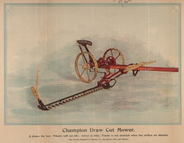 Advertising poster for the Champion Draw Cut Mower. Features color illustration.