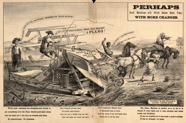 Flyer for a Plano grain binder, featuring a caricature of a competitor's machine, manufactured by "Horsekiller & Co."  The message is that the Plano binder is simple and effective, whereas the competitors are constantly creating new, complicated machines that don't work.