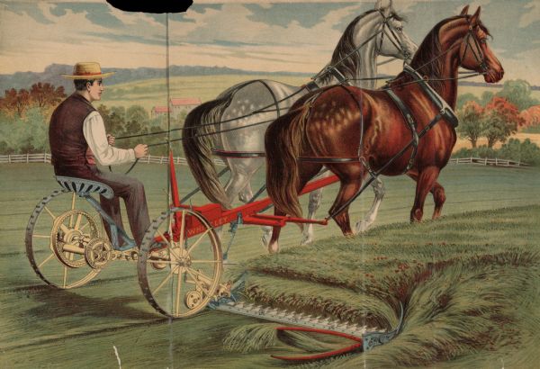 Portion of a poster advertising harvesting machinery by Amos Whiteley and Company of Springfield, Ohio. Features a color illustration of man using a horse-drawn mower in a field.