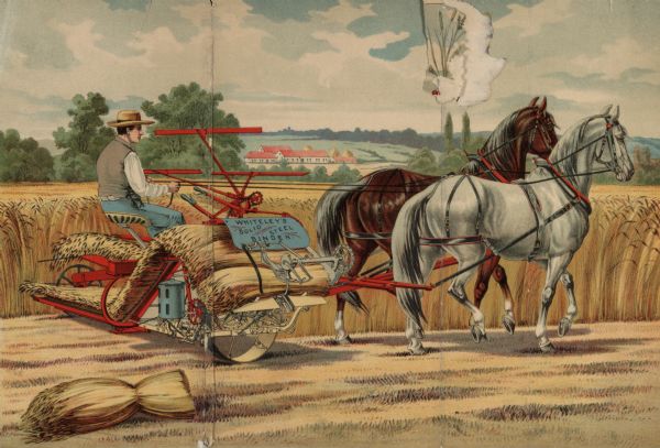 Part of a poster advertising harvesting machinery manufactured by Amos Whiteley & Co. of Springfield, Ohio. Features a color illustration of a man using a horse-drawn grain binder in the field.