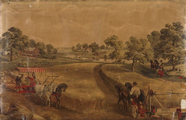Advertising poster for C.H. & L.J. McCormick featuring color illustration of men operating a horse-drawn Advance reaper, a Marsh-style harvester, and a mower in the field. Houses and farm buildings are in the background.
