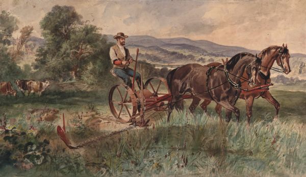 Watercolor painting of a man operating a sickle-bar mower, pulled by two horses.  Cows, a large house, and rolling hills are in the background.  The painting was created for the Paris Exposition of 1900, and may have been based on a Shober and Carqueville advertising lithograph.