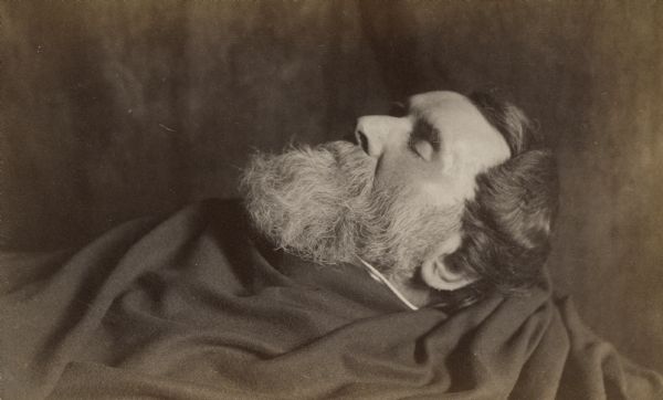 "Mourning portrait" of Cyrus Hall McCormick (1809-1884), taken after his death on the morning of May 13, 1884.  McCormick's hair and beard are neatly trimmed, and he is covered with a blanket.