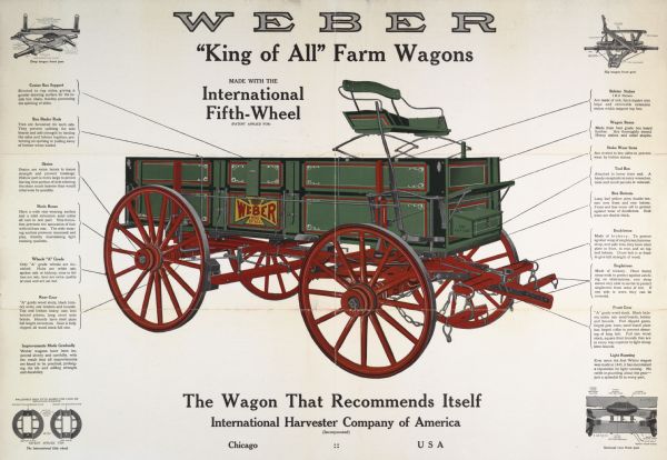 Advertising poster for Weber farm wagons featuring a color illustration of the wagon and text describing its numerous features. Includes the text: "Made with the International Fifth-Wheel" and "Weber 'King of All' Farm Wagons."