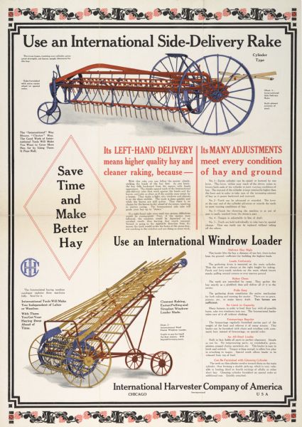 Advertising poster for the International side-delivery hay rake and windrow hay loader. Includes color illustrations and the text: "Left-Hand Delivery means higher quality hay and cleaner raking, because - Its Many Adjustments meet every condition of hay and ground."