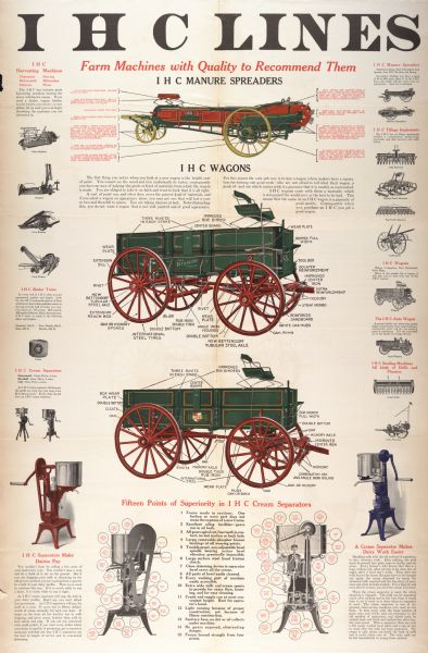 Advertising poster for various International Harvester "Farm machines with quality to recommend them." Color illustrations of manure spreaders, wagons, harvesters, tillage implements, cream separators, and binder twine are featured in the ad. The poster was made for use in Sioux City, Iowa.