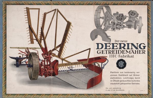 German advertising poster for International Harvester's Deering line of reapers. Includes color illustrations and the text: "der neue Deering getreidemaher IHC-Fabrikat." Printed for distribution in Germany.