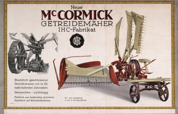 German advertising poster for International Harvester's McCormick line of reapers featuring color illustration of the implement. Includes the text: "Neuer McCormick Getreidemaher IHC-Fabrikat." Printed for distribution in Germany.