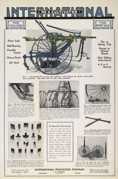 Advertising poster for the International No. 4 cultivator. Includes photographic illustrations and text describing the cultivator's features.