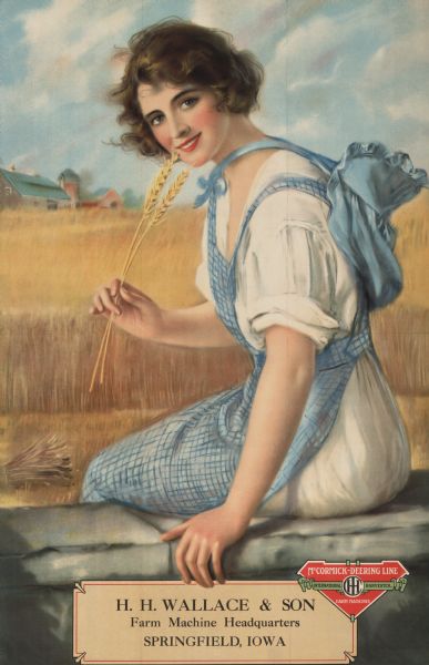 Promotional circular showing the color illustration for a forthcoming farm implement line calendar. Illustration is an artistic rendering of a young woman sitting on a stone wall and holding two strands of wheat.