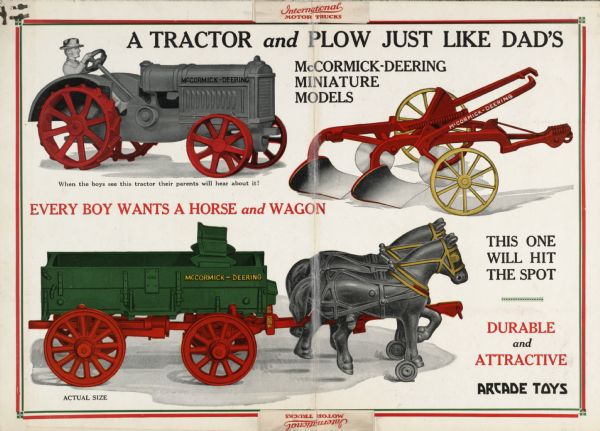 Advertising poster for McCormick-Deering miniature models produced by Arcade Toys. Includes illustrations of a toy tractor, plow, and wagon drawn by horses. Includes the text: "A Tractor and Plow Just Like Dad's."