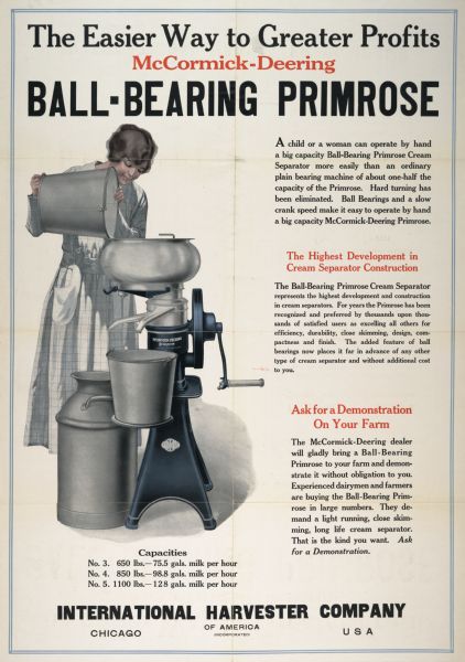 Advertising poster for the McCormick-Deering Ball-Bearing Primrose cream separator showing a woman pouring milk into a cream separator. Includes the text: "The Easier Way to Greater Profits."
