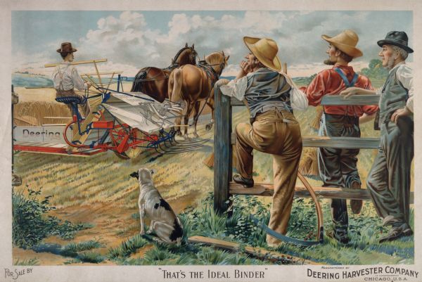 Advertising poster featuring color illustation of three men and a dog watching a farmer harvest grain with a horse-drawn Deering Ideal grain binder. The men are leaning against a fence and one of them is holding a scythe. The caption reads "That's the Ideal Binder".