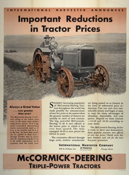 Advertising poster for McCormick-Deering "triple-power" tractors announcing reductions in tractor prices. Includes a photographic, partly color illustration of a man and a young girl plowing a field with a McCormick-Deering 15-30 tractor in the Fox Film production "Our Daily Bread."