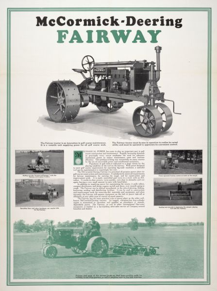 Advertising poster for the Farmall Regular version of the McCormick-Deering Fairway tractor. Includes photographs of the machine in use. The Fairway was designed for use on golf courses.