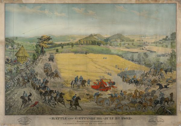 Lithographed advertising poster showing a McCormick grain binder at the Civil War battle of Gettysburg. The poster was based on a cyclorama by French artist Paul Philippoteaux. Produced for the McCormick Harvesting Machine Company by the Milwaukee Lithography & Engraving Company of Chicago.