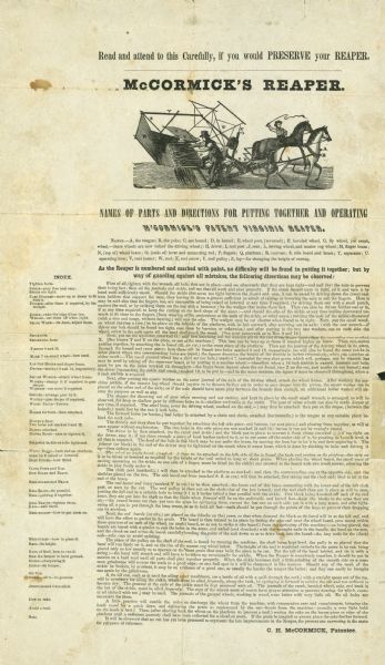 Directions for putting together and operating McCormick's Patent Virginia Reaper. Features a woodcut illustration with labeled parts.