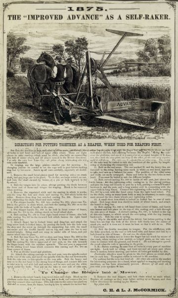 "The 'Improved Advance' as a Self-Raker." Advertisement for the Improved Advance self-rake reaper and mower. Features an illustration of the machine in use as a reaper followed by instructions for set up and use as a reaper and directions for changing to a mower.