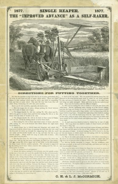 "The 'Improved Advance' as a Self-Raker." Flyer advertising the McCormick Improved Advance Reaper and Mower. Features a large illustration of the machine being used in the field followed by directions for assembly.
