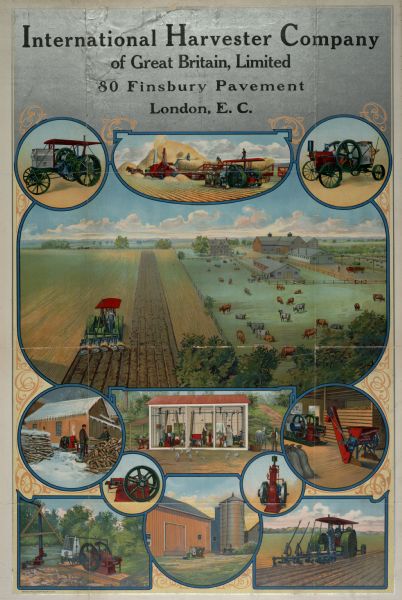 Advertising poster for International tractors and engines featuring an illustration of a farmer using a cultivator in a field beside a herd of cows. The main image is surrounded by inset color illustrations of other farm equipment and farm scenes.