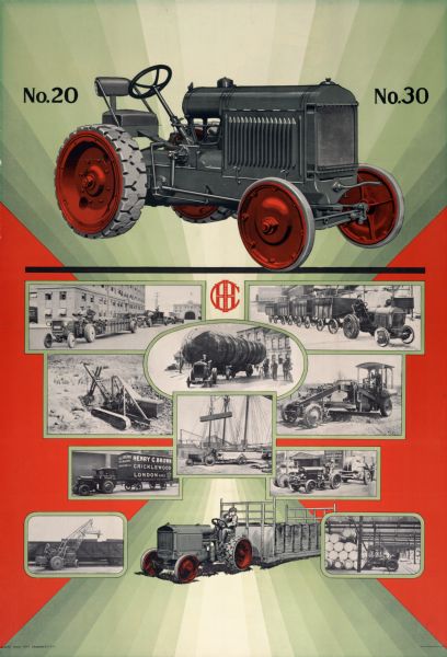 Advertising poster for International Harvester industrial tractors, including the No. 20 and No. 30. Includes a color illustration of a tractor, and insets showing the tractor and other agricultural machinery in use.